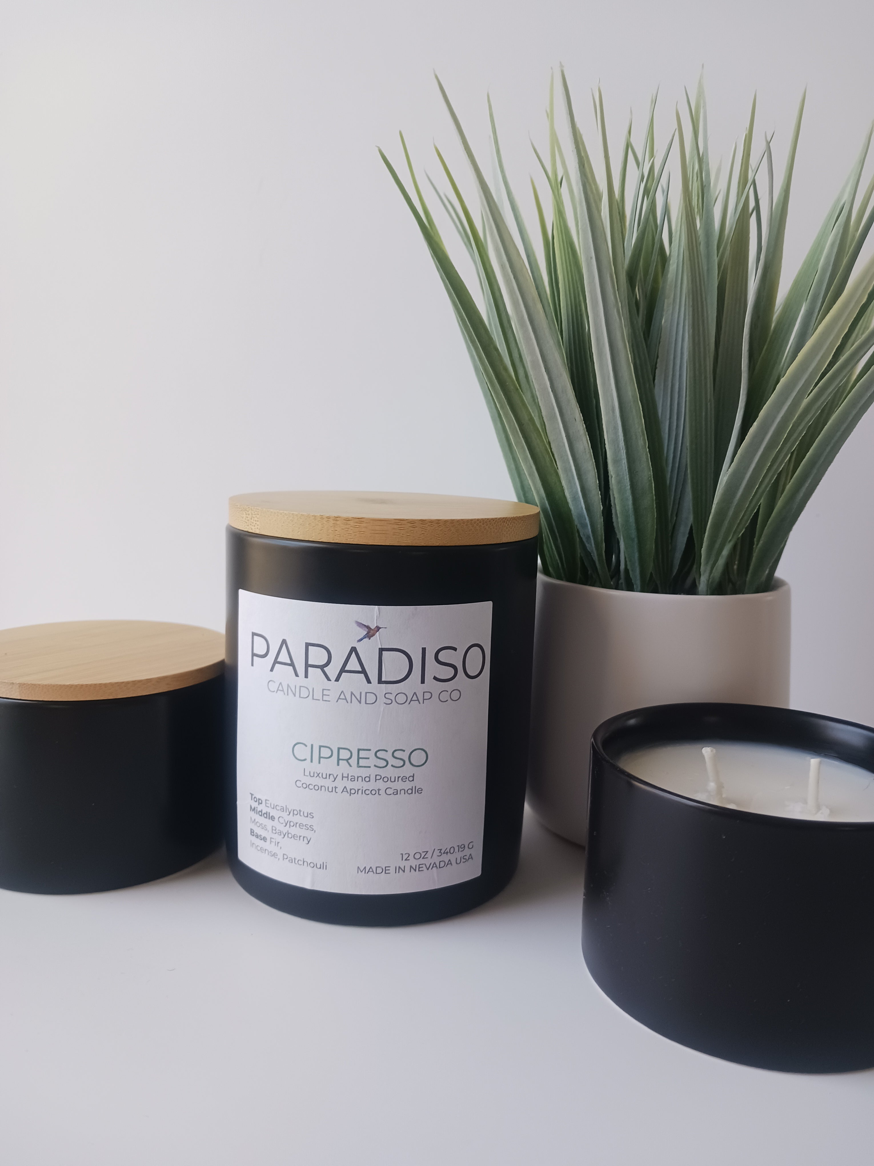 Paradiso candle with group of candles and plant background