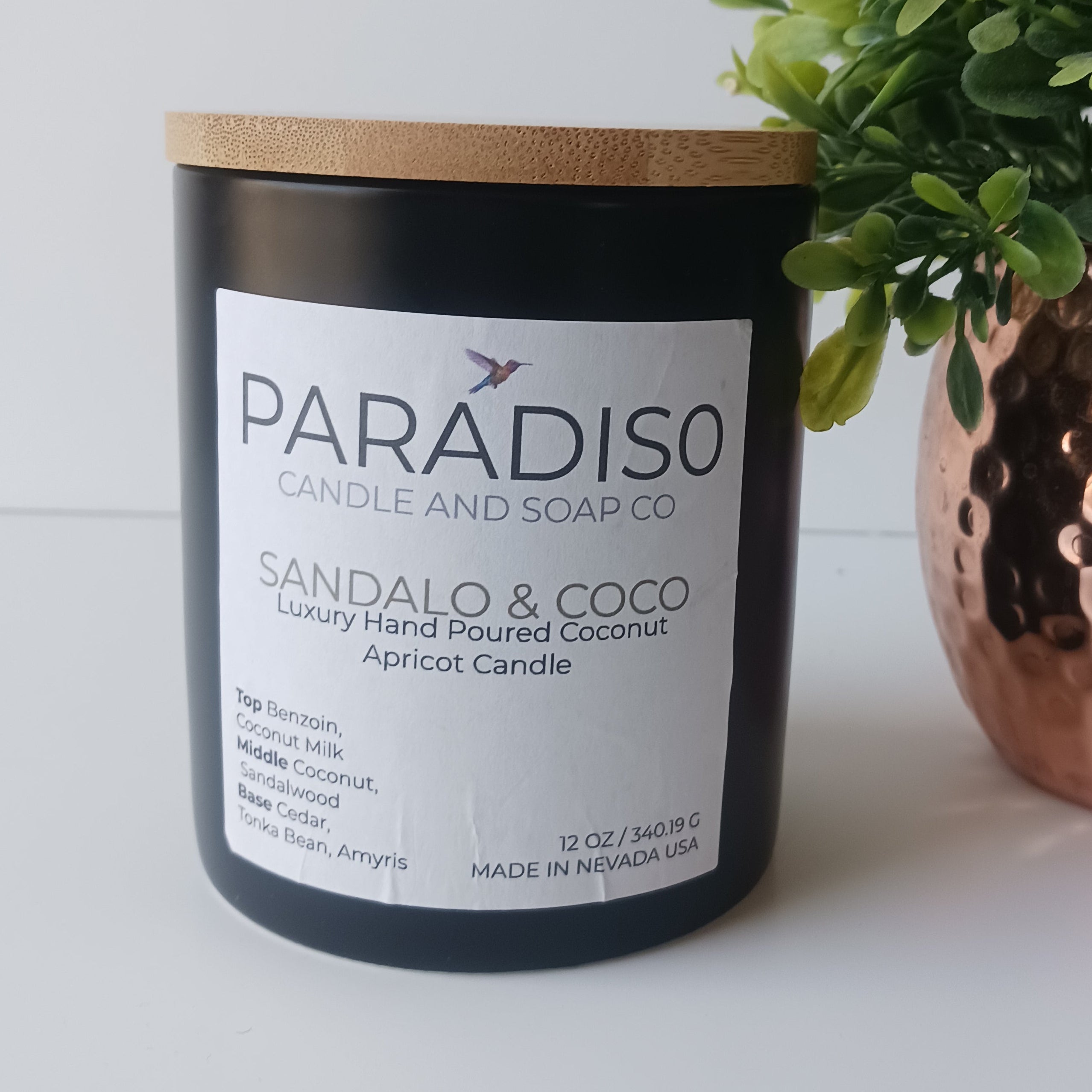 Paradiso candle with a plant and decorative item on a light surface